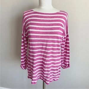 Lauren Ralph Lauren 100% Linen Top Shirt Womens L Pink White Striped 3/4 Sleeve